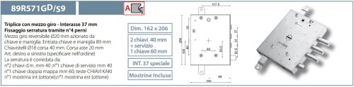 Serratura Mottura 89R571G9 chiusura triplice int. catenacci 37 mm - mano DX