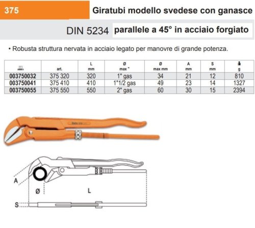 Giratubi Svedese ganasce parallele 45° Beta 375 - mm 320