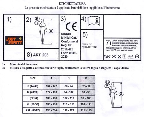 Camice da lavoro Just Safety 208 in cotone blu 100% con 3 tasche - taglia 46