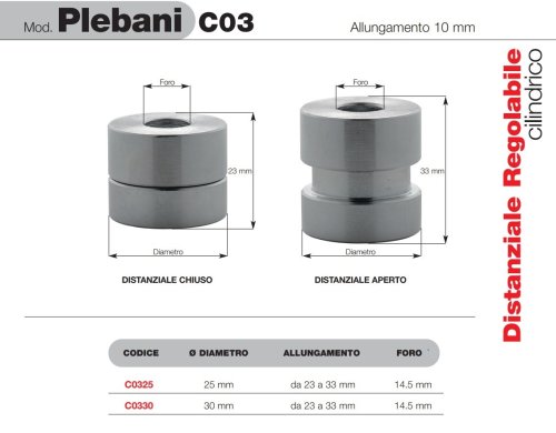 Plebani C03 distanziale cilindrico regolabile 23/33 mm per fissaggio inferriate - ø mm 25