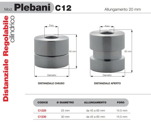 Plebani C12 distanziale cilindrico regolabile 45/65 mm per fissaggio inferriate - ø mm 25