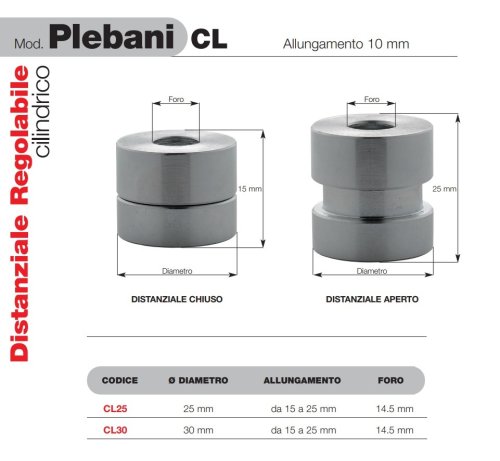 Plebani CL distanziale cilindrico regolabile 15/25 mm per fissaggio inferriate - ø mm 25