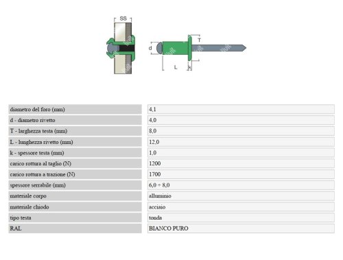 Rivetto acciaio/alluminio RIVIT verniciato bianco puro ø 4x12 mm
