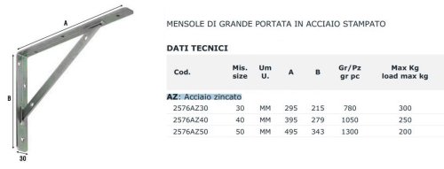 Mensola di grande portata in acciaio zincato Aldeghi 2576AZ - mm 300