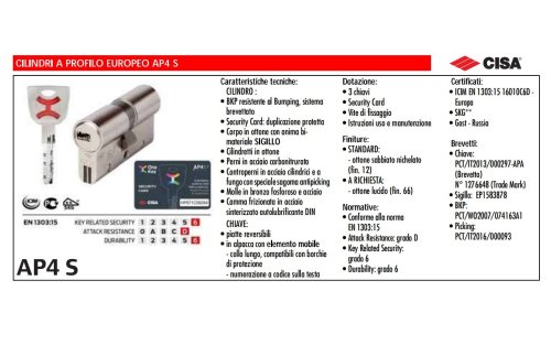 Cilindro nichelato frizionato profilo Europeo AP4 Sigillo Cisa 0P3S1 - mm 60 (30/30)