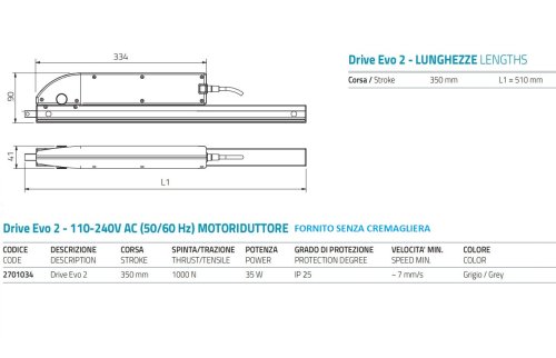 Attuatore motore elettrico lineare a cremagliera Mingardi DRIVE EVO 2 grigio 230V - corsa mm 350
