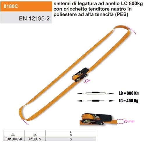 Fibbia di legatura ad anello con cricchetto portata 800Kg Robur 8188/C (5m)