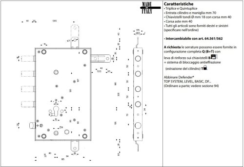 Serratura Mottura 85.461 triplice chiusura foro cilindro profilo Europeo - sporgenza catenacci 40 mm - mano SX