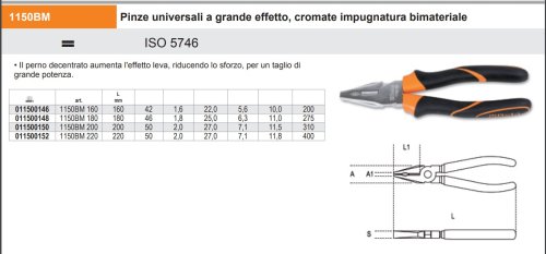 Pinza universale cromata impugnatura bimateriale Beta 1150BM - mm 160