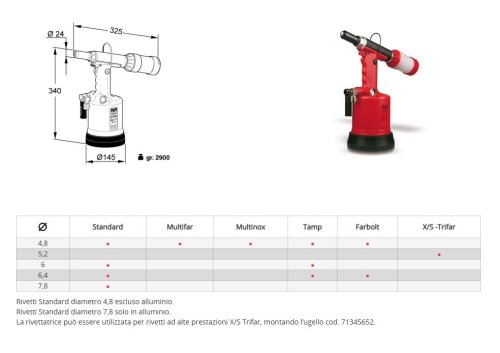 Rivettatrice oleopneumatica per rivetti a strappo FAR RAC 171