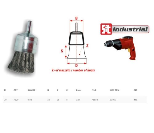 Spazzola a pennello per trapano in acciaio a mazzetti ritorti ø 20 mm con gambo ø 6x16 mm