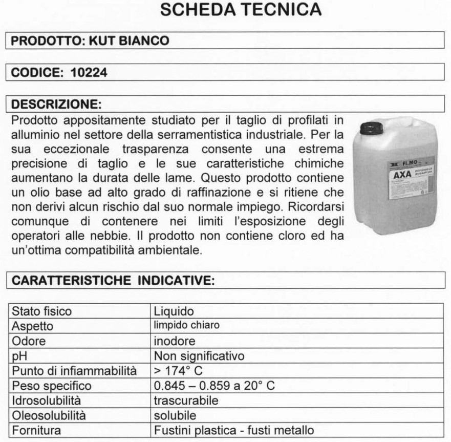 Olio fluido lubrificante per taglio alluminio FIMO KUT BIANCO tanica 5 lt -  Cod. 10224 - ToolShop Italia