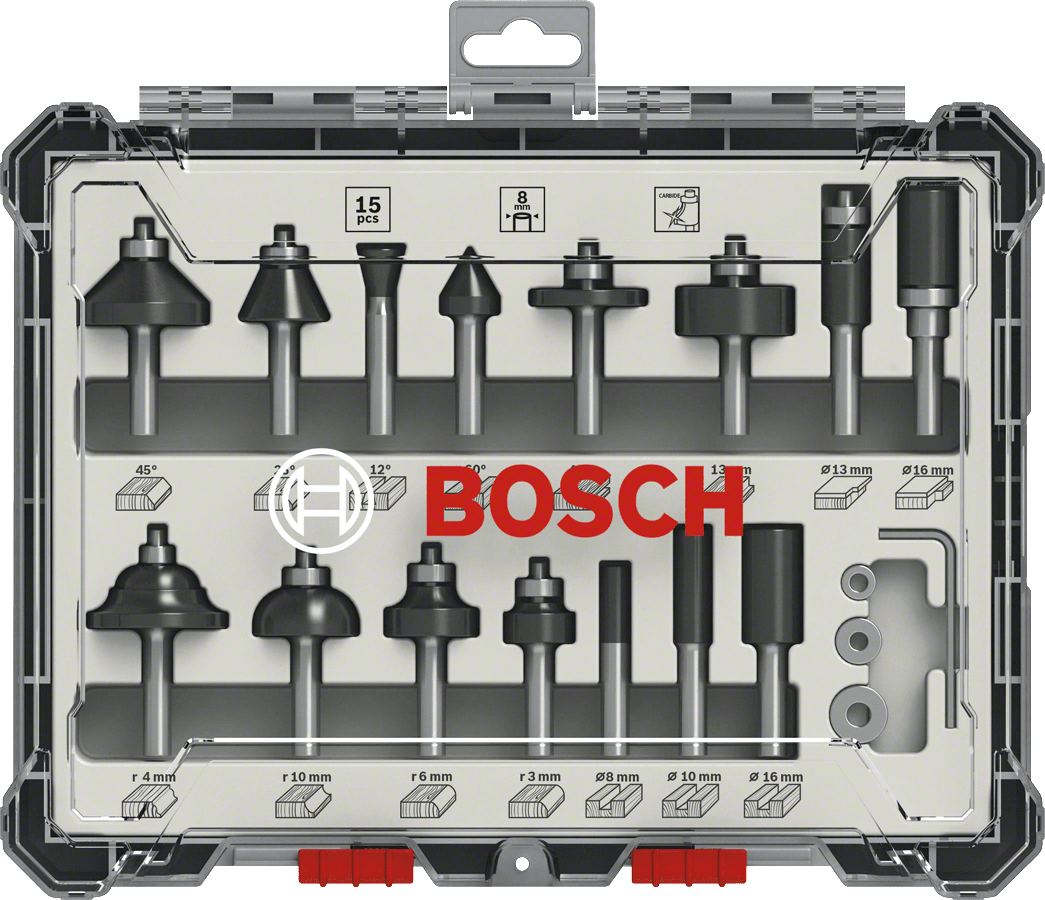 Set 15 frese Bosch miste per legno codolo ø 8 mm - Cod. 2607017472 -  ToolShop Italia