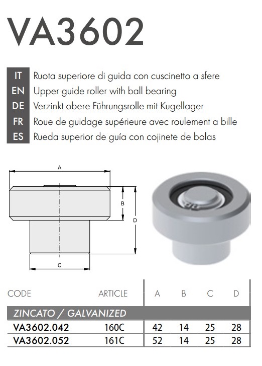 Ruota superiore guida cancello scorrevole con cuscinetto FAC VA3602 - ø mm  42 - Cod. VA3602.042 - ToolShop Italia